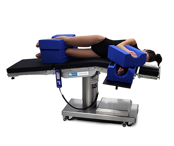 Model reclined on their side on the Skytron Stacker Lateral Support product